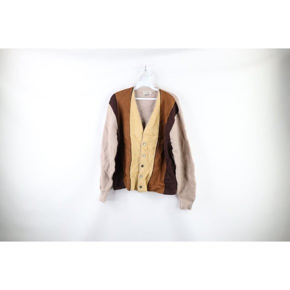 Vintage 60s Campus Alpaca Stitch L Thrashed Color Block Knit Cardigan Sweater